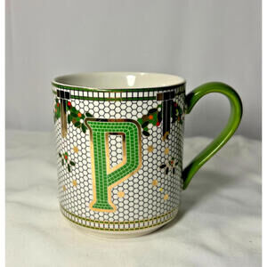 ANTHROPOLOGIE Monogram P Festive Bistro Tile 13oz Coffee Mug 24K Stoneware Green